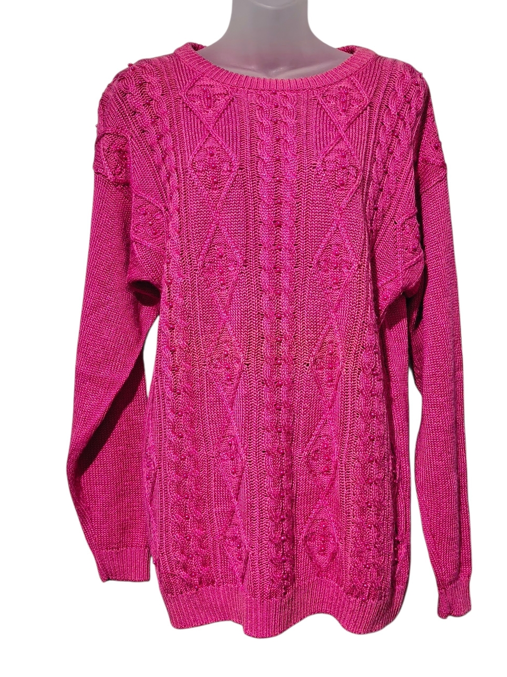 Vintage Y2K Bubblegum Pink Pearl Accent Chunky Knit Sweater M Cottagecore Knit